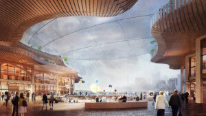 智能城市覆盖顶部的木材顶棚渲染
