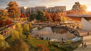 在市中心卡里公园内，有一个大池塘和秋天的树叶的公园空间渲染图
