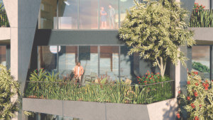 一个男人站在风景露台上的渲染图