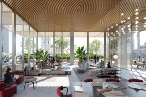 KPF设计的木质办公大楼的社交空间内部效果图