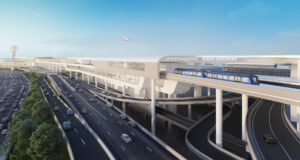 rendering of the laguardia airtrain pulling into an airport