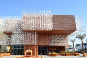 波兰展馆是一个四四方方的木制建筑，包裹着一个鸟一样的动态雕塑装置