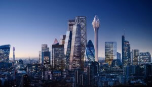 伦敦的天际线和一个郁金香形状的塔的渲染