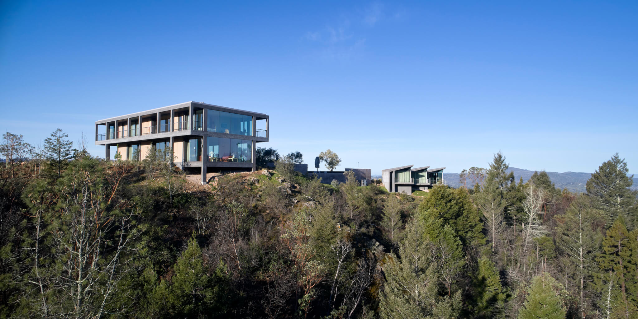 坐落在树木繁茂的悬崖上的一座现代化的房子