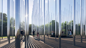 在LGBTQ2+国家纪念碑，用一排排镜面不锈钢棒制作的纪念碑渲染图