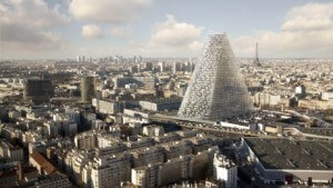 金字塔形状的玻璃摩天大楼和渲染the paris skyline