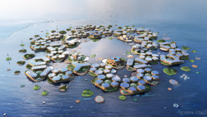 一个漂浮的城市与漂浮的住房模块形成oceanix的渲染