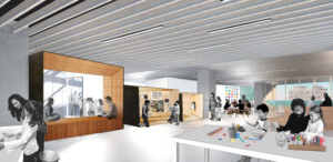 interior rendering of the new Creativity Center at the Contemporary Arts Center with wooden pods