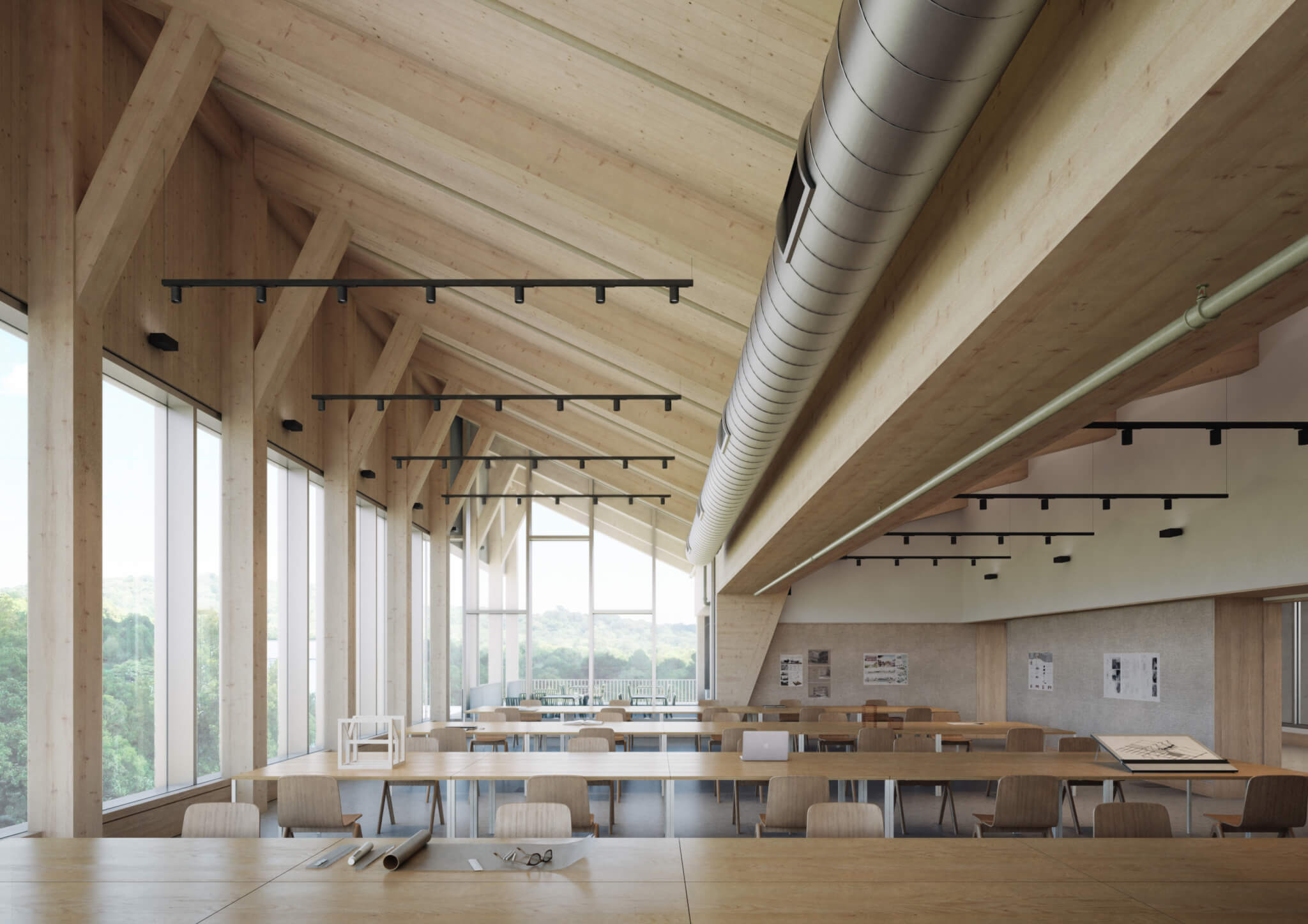 大量木材教室空间的室内效果图