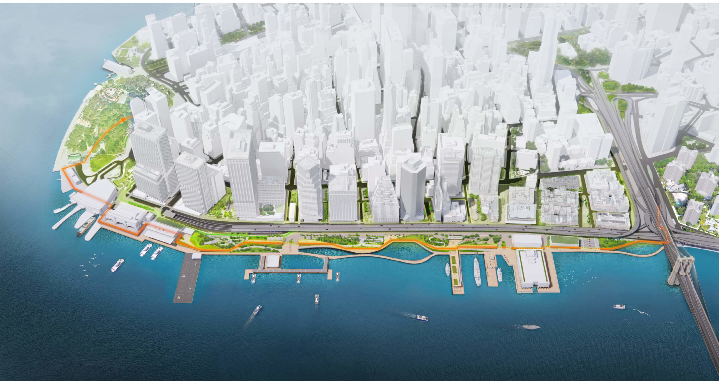 曼哈顿下城滨水气候弹性计划的空中渲染