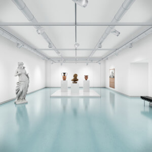 三件文物在一个水地板的画廊里，被一个光滑的玻璃盒子保护着
