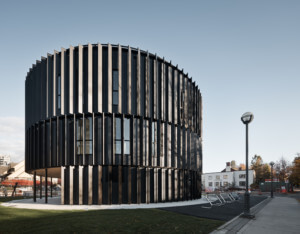 一个黑色的圆形建筑覆盖着垂直的发现