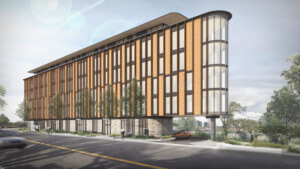 现代木质熨斗建筑的效果图，Leaside创新中心