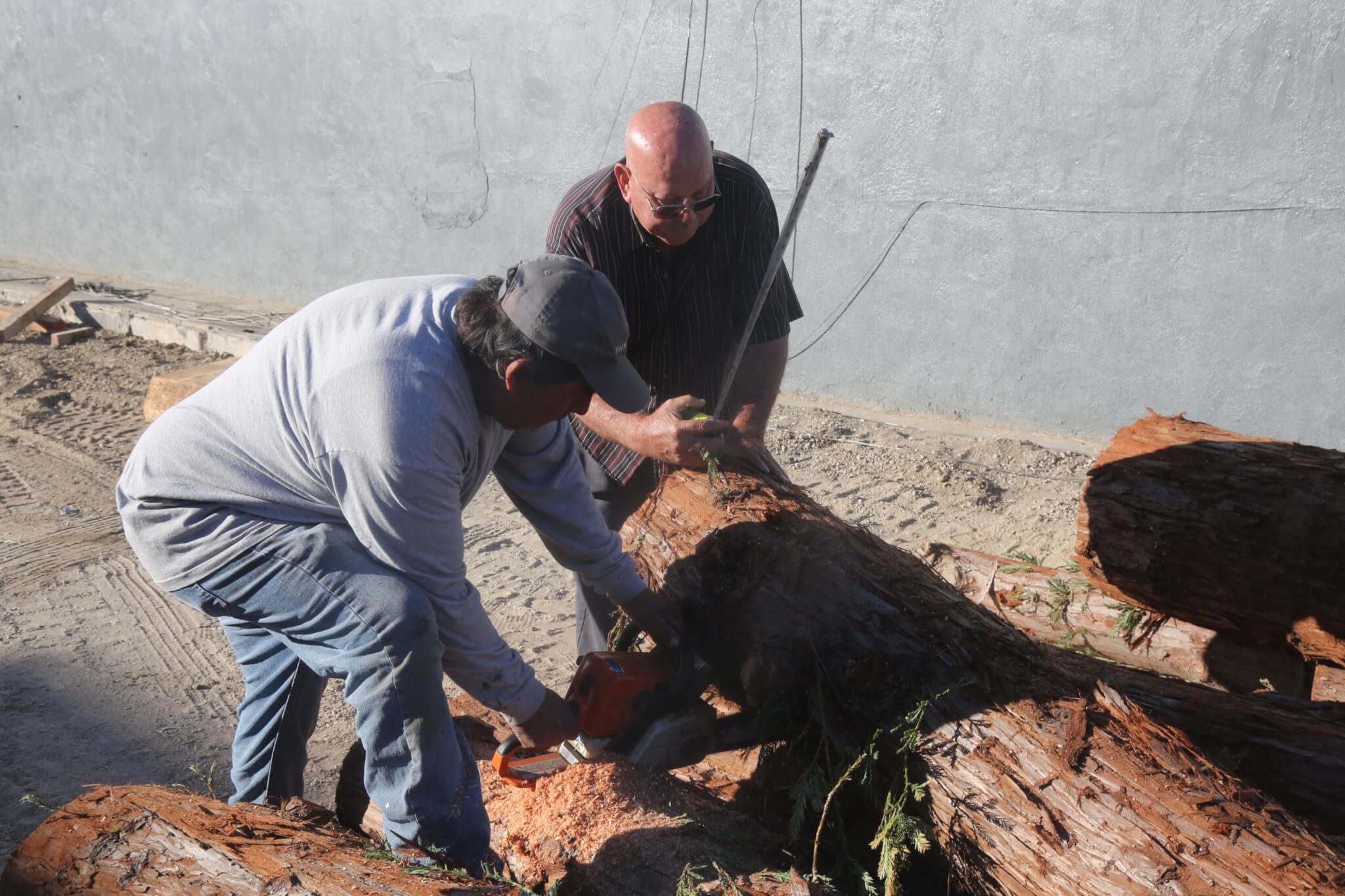 两个工人把圆木推到一个花园工程的地方