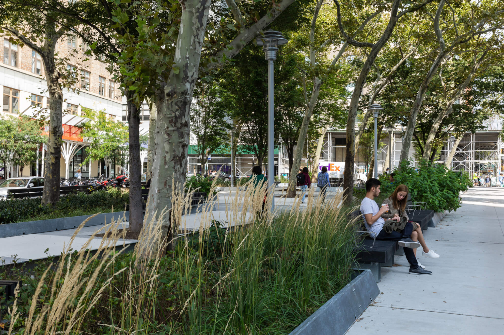 人们坐在绿树成荫的城市公园里
