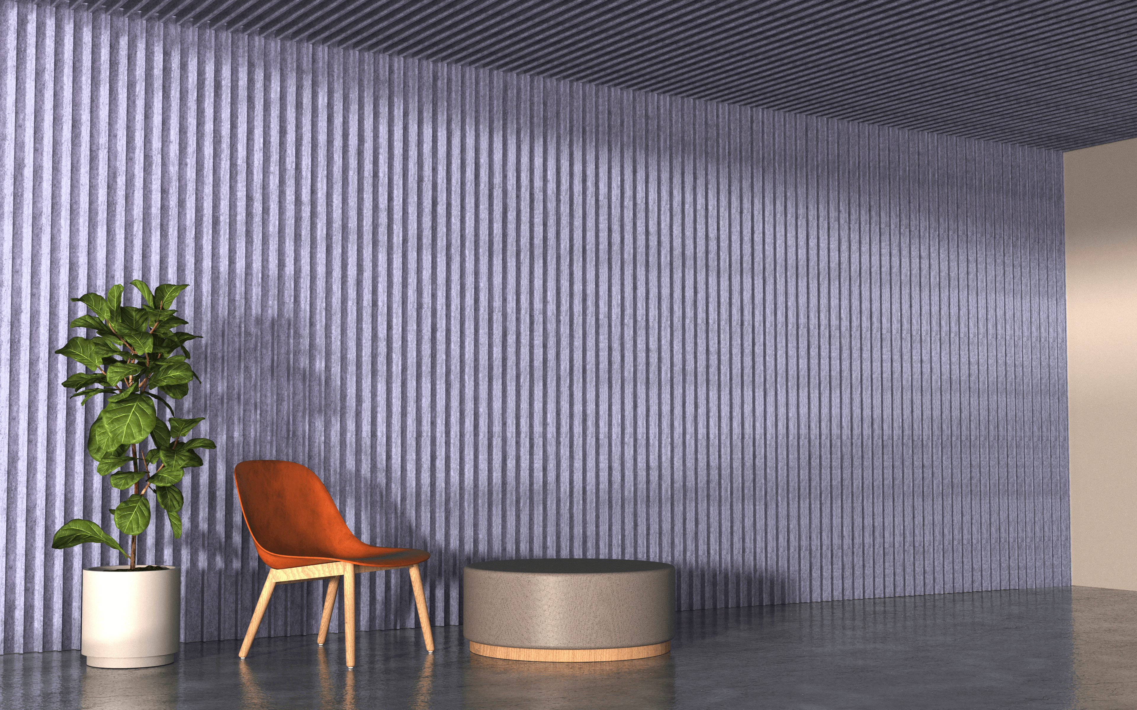 一张红色的椅子和一张咖啡桌，前面的墙衬着蓝色的垂直条纹隔音镶板