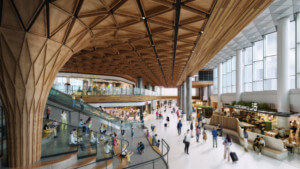 在Sea-Tac机场的机场大厅的分层座位的内部视图