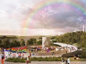 一个lgbtq+纪念碑的渲染图，被公园包围，天空中有彩虹