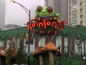 花哨的店面上有一只红色眼睛的巨大绿色青蛙，上面写着“雨林咖啡馆”