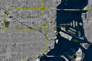 迈阿密地图，高亮的高速公路项目建于20世纪50年代中期和1984年之间。