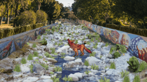 洛杉矶河河床上一只卡通狐狸的渲染图