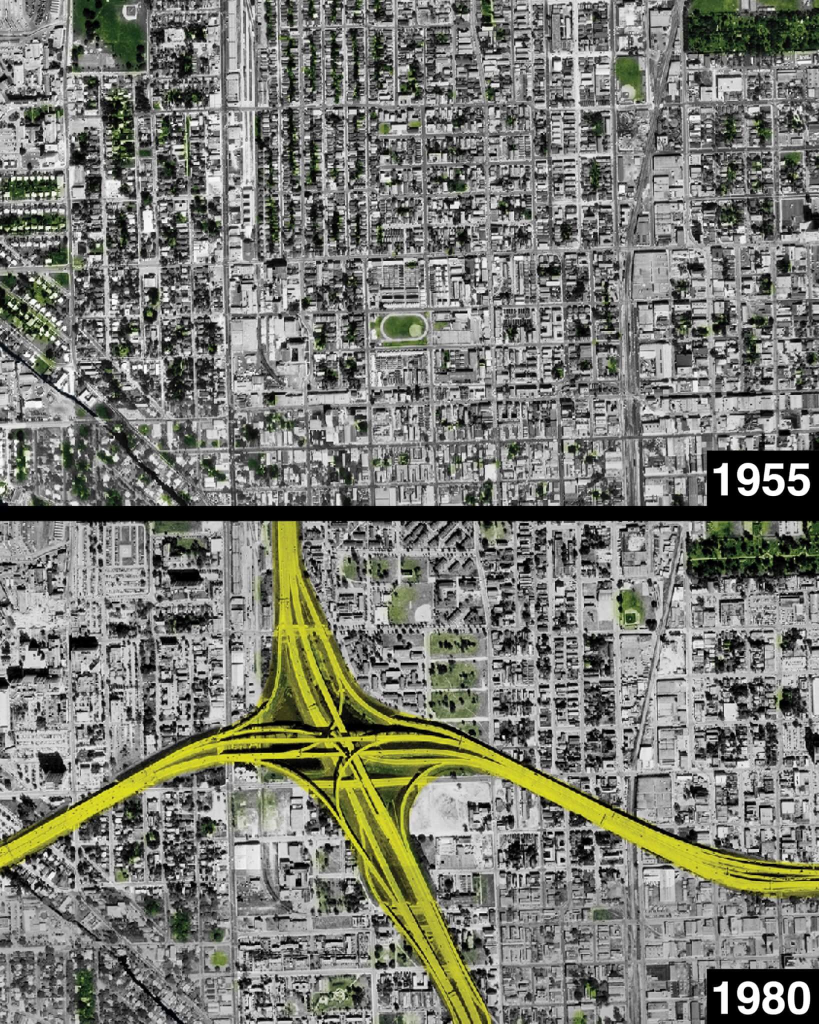 描绘了迈阿密上城社区在高速公路干预前后的地图
