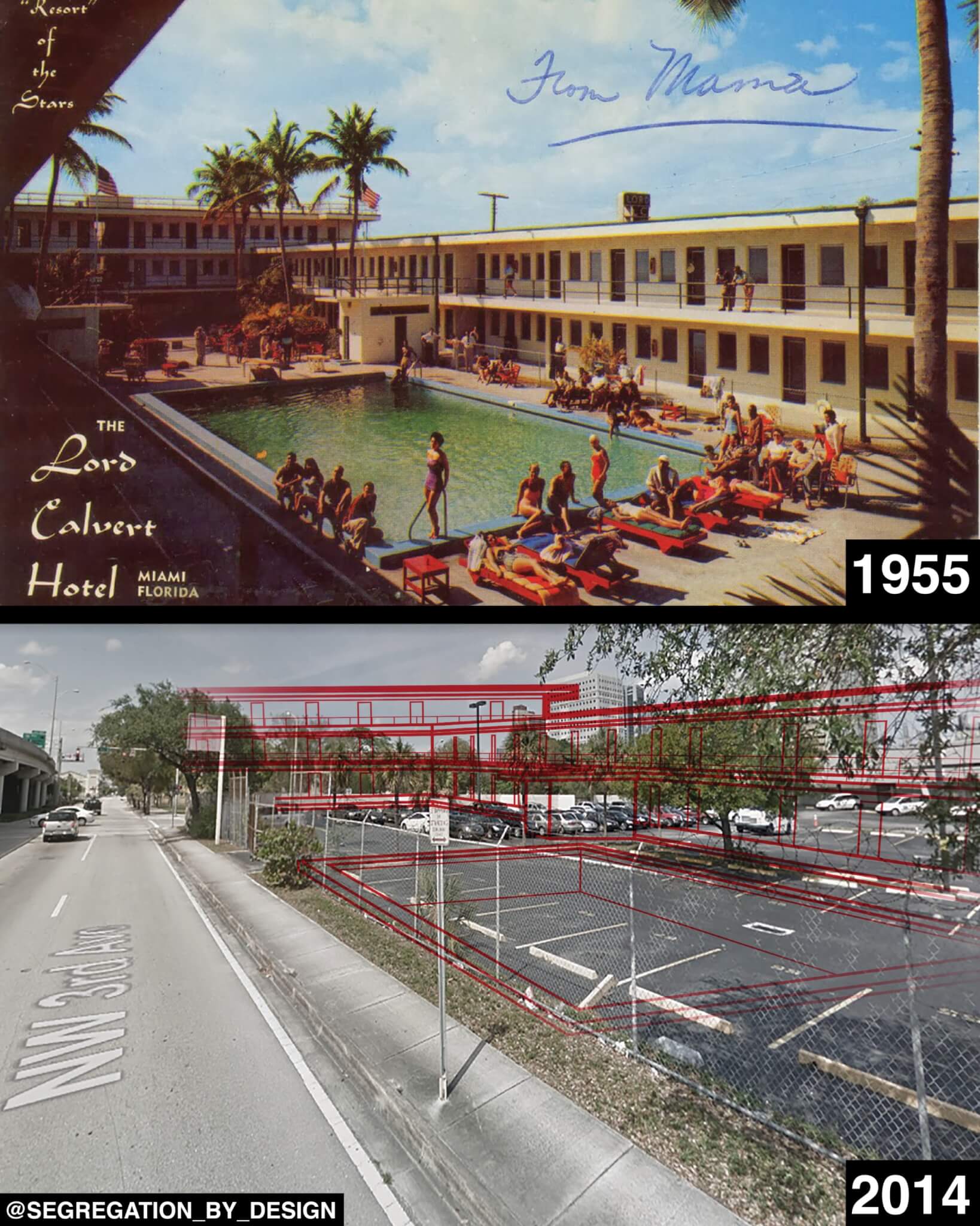 一张明信片展示了迈阿密一家酒店充满活力的场景，与现在的地面停车场形成对比
