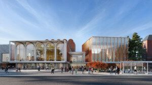 rendering of front facade of a university arts center