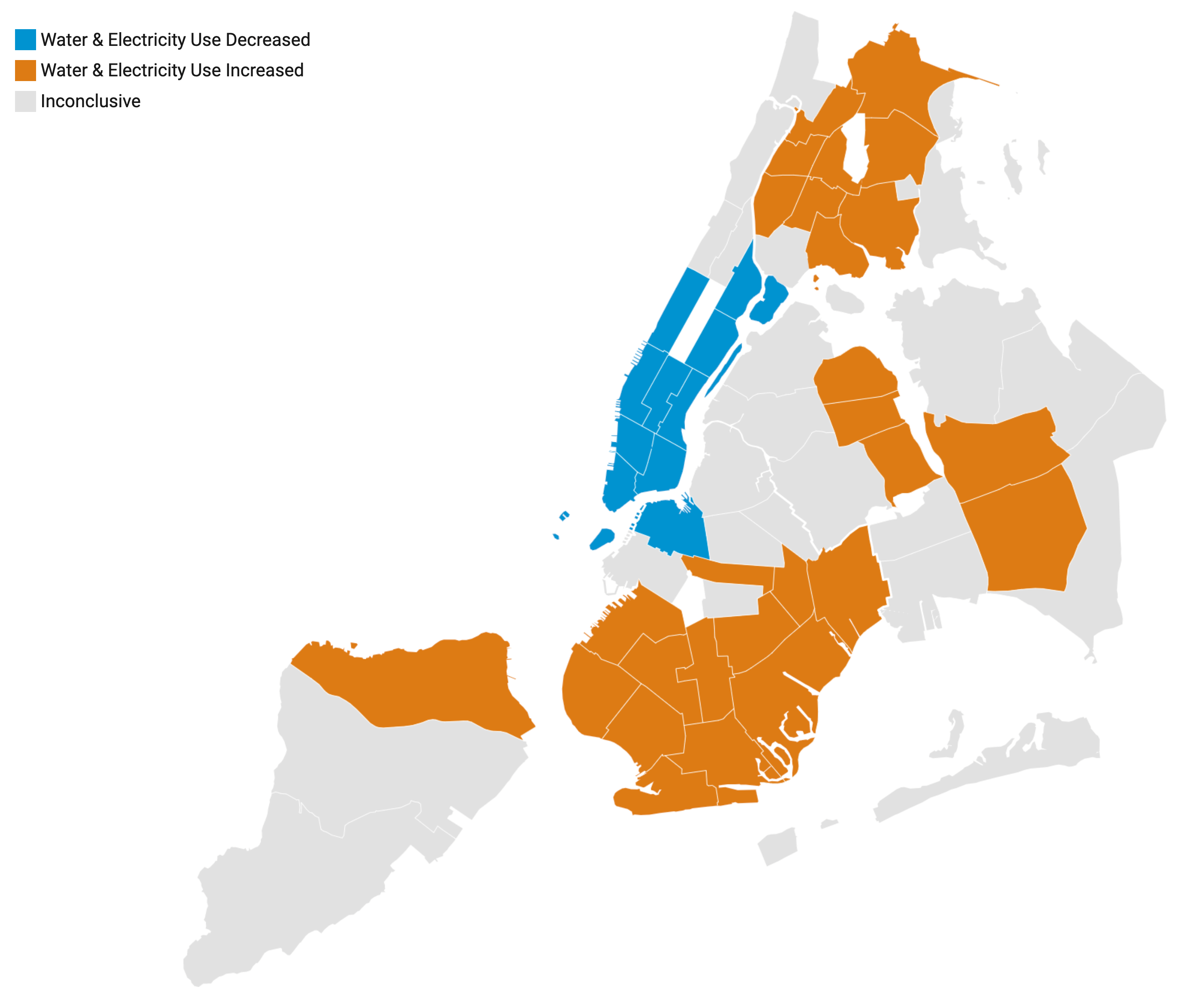 纽约市地图显示，曼哈顿的水和能源使用量减少，而外围社区的水和能源使用量增加。