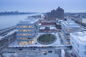 overhead view of new college campus buildings along the hudson river