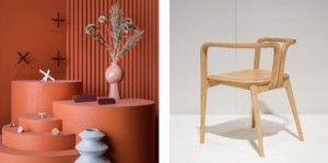 diptych of blonde wood chair and vases on red podia