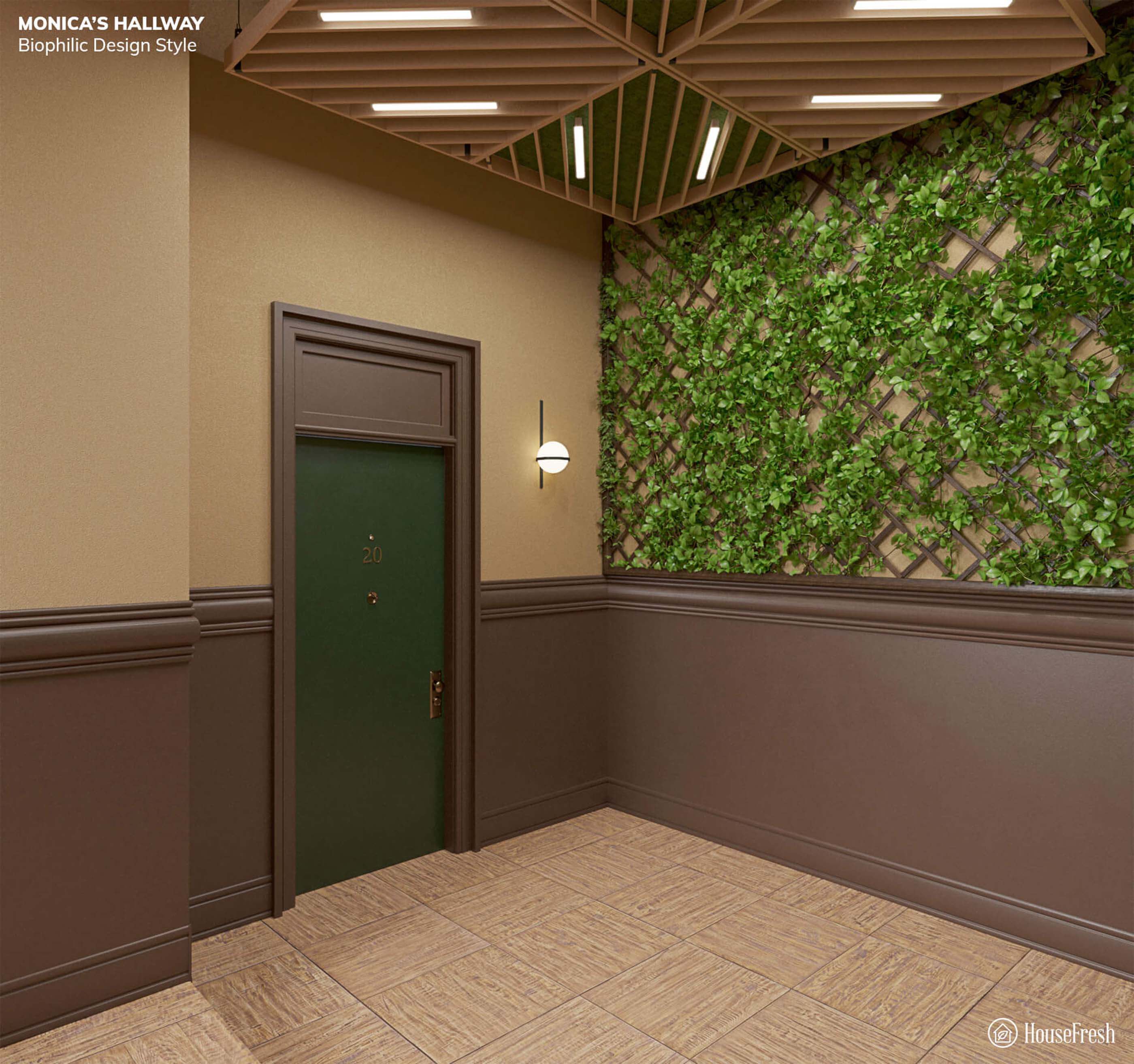 走廊有绿色的门和绿色的植物墙