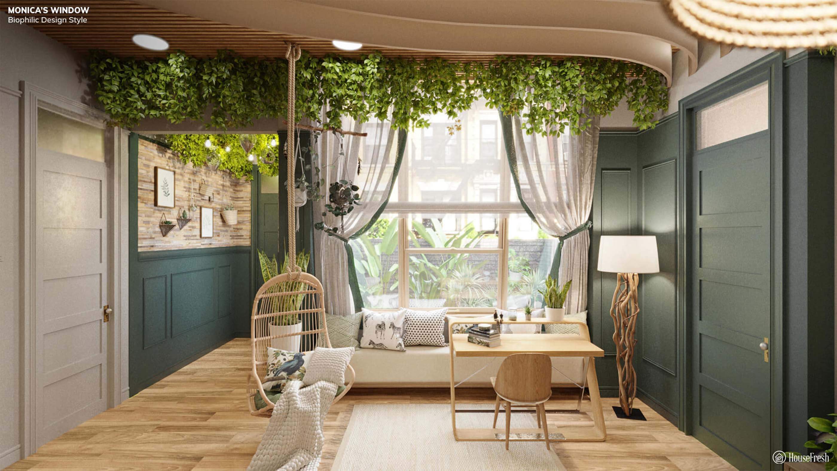 大窗户，窗帘和绿色植物悬挂
