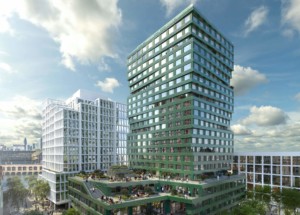 绿色公寓大楼的效果图，其底部有大露台