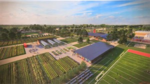 overhead rendering of an agriculture and athletics campus
