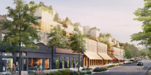rendering of a mixed-use timber structure rising behind a row of historic storefronts
