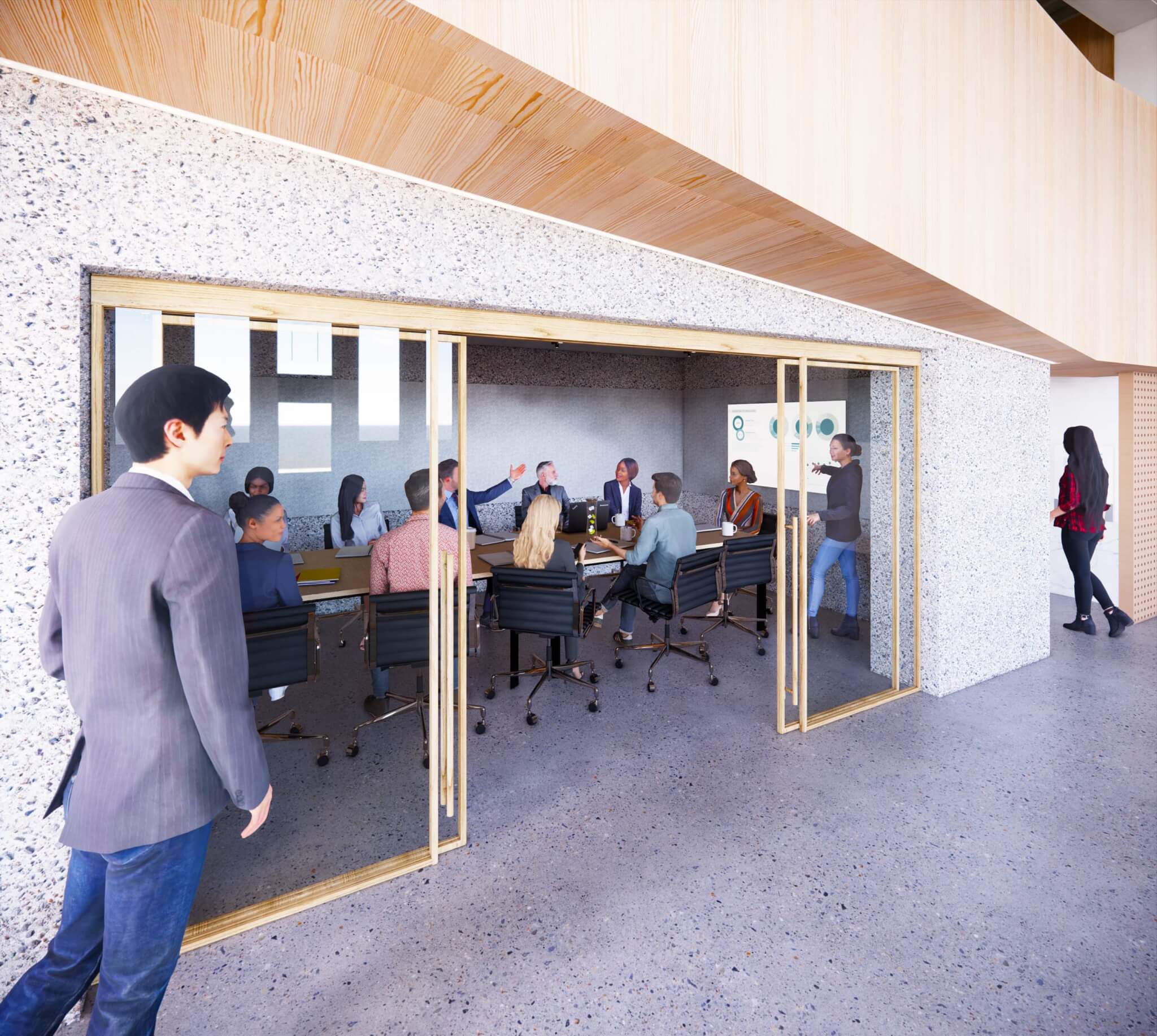 会议室，玻璃门和木框架