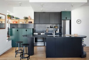 蓝绿色和黑色的厨房橱柜和五金