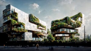 人工智能创造的植物笼罩的建筑