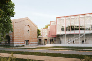莱斯大学校园里现有的砖砌建筑旁边新建了一座玻璃和陶土建筑