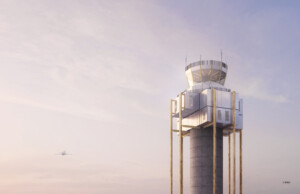 渲染的空中交通管制塔与飞机在背景天空