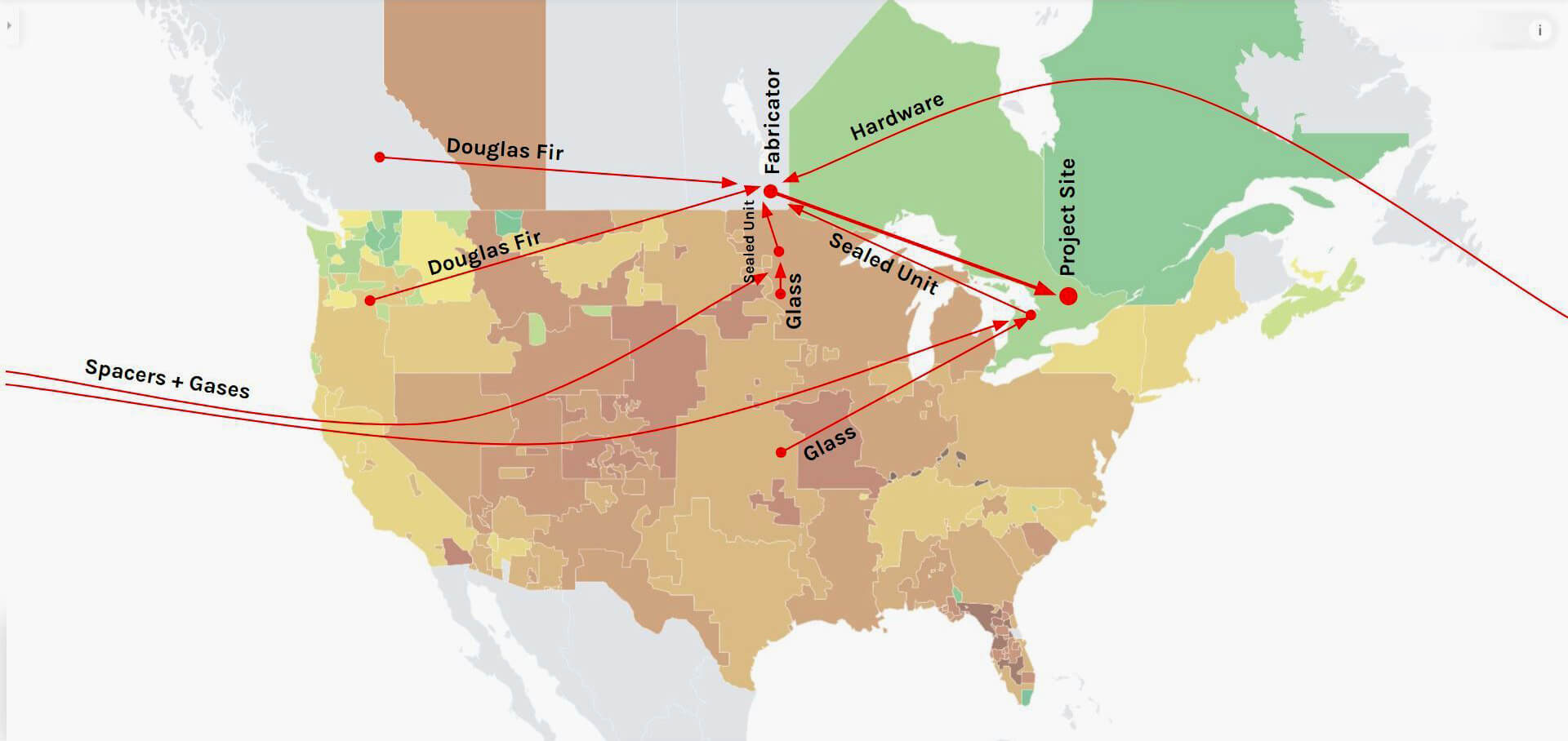 地图显示物质流覆盖在能源网格指标在北美
