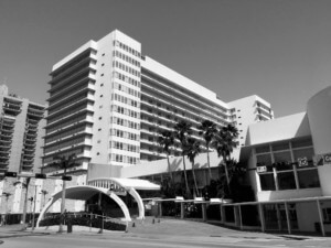 a midcentury miami beach hotel pictured in black&white