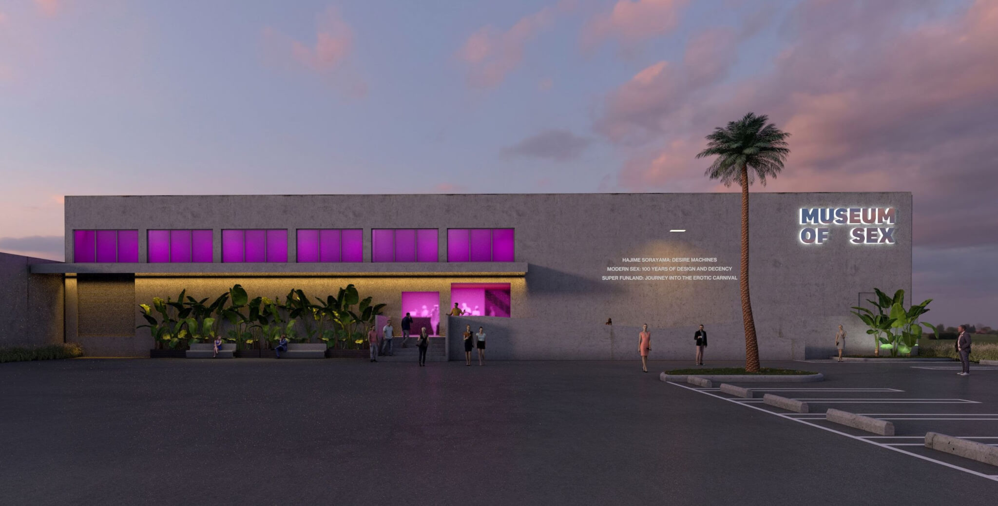 twilight rendering of a grey warehouse with purple windows