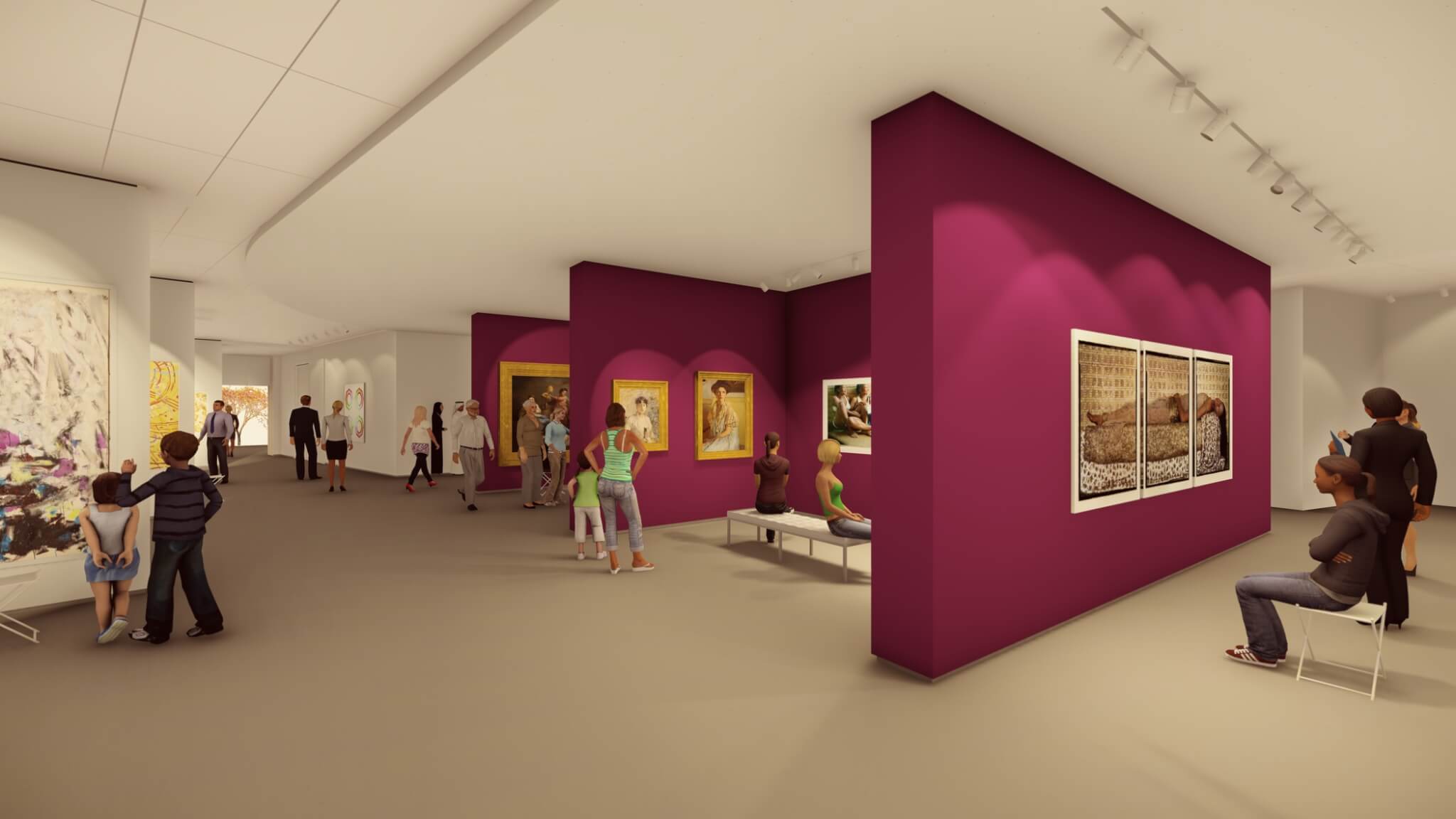 一个数字效果图显示了一个博物馆画廊空间。白色的墙壁上有抽象画;洋红色的墙壁上有印象派画作和当代照片。画廊里挤满了不同年龄和性别的客人，他们在欣赏作品和走动。