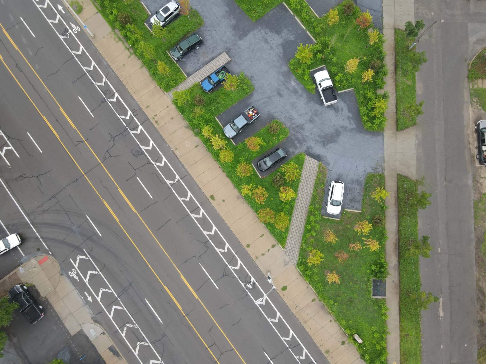 鸟瞰图的停车场与植物